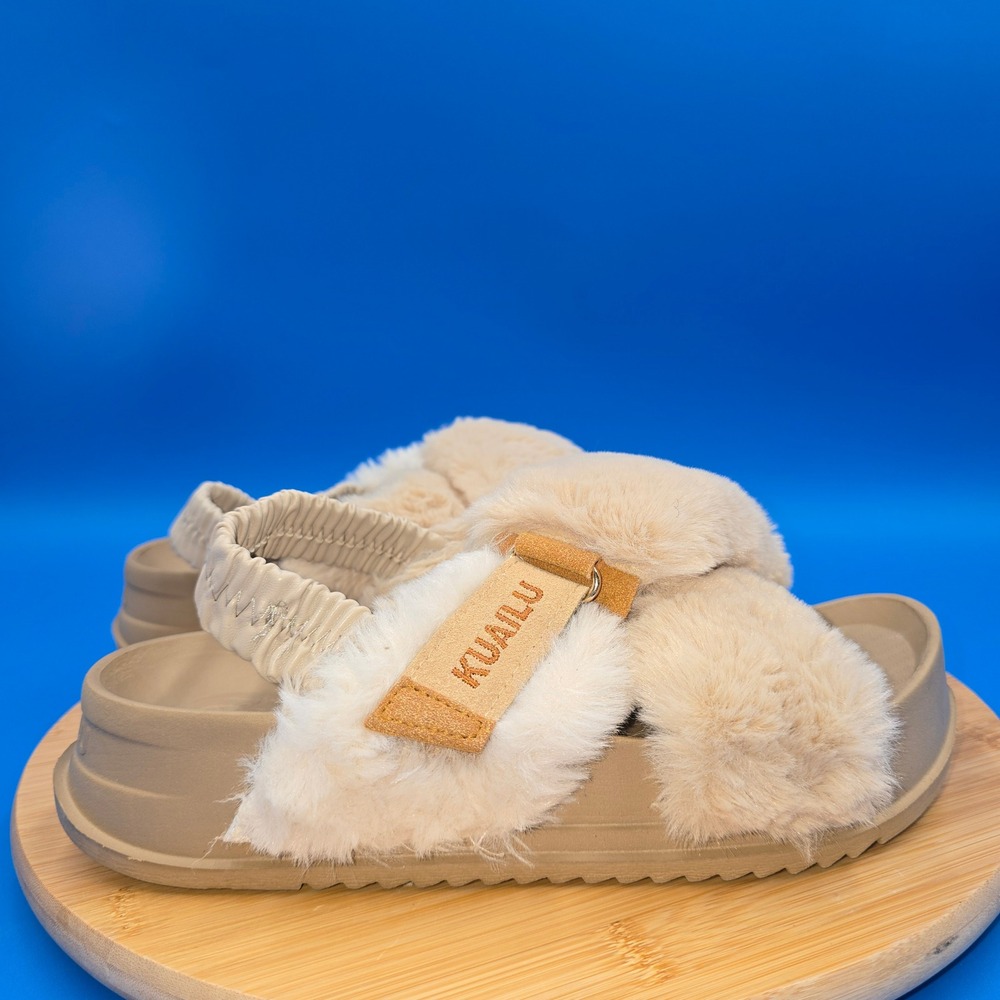 Kuailu Womens Faux Fur Slingback Platform Slide Sandals Tan Size 8 Fuzzy Cozy
